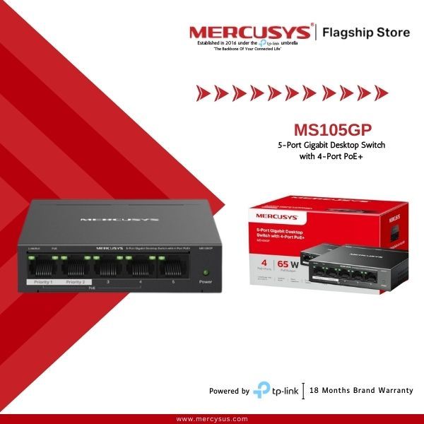 Mercusys Network PoE Gigabit Switch 5 Port MS105GP 5-Port Gigabit Desktop Switch with 4-Port PoE - 18 Months Brand Warranty