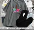 CUTE UNICORN Tag Printed Summer Tracksuit For Women & Girls Tee-shirt with trousers New Design Round Neck Half Sleeves T Shirts Top Quality Gym Wear/Casual and comfortable Pair T-Shirt and Trouser. 