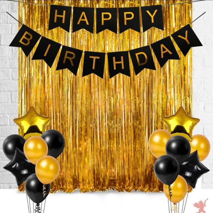 17Pcs Happy Birthday Golden Foil Curtain, Banner And Balloons Decoration Items Combo For Birthday Party Supplies