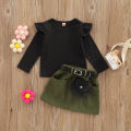 Baby Girl Clothes Set, Solid Color Long Sleeve Crew Neck Ruffle Tops + Elastic Waist A-Line Skirt + Pendant Bag. 