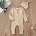 Infant Baby Jumpsuit and Hat Set, Solid Knit Ribbed Long Sleeve Crew Neck Button Romper One-Piece Clothes. 
