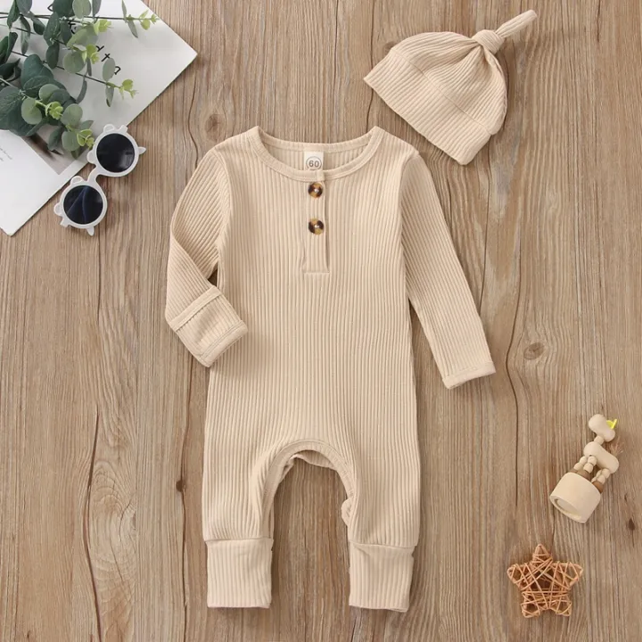 Infant%20Baby%20Jumpsuit%20and%20Hat%20Set,%20Solid%20Knit%20Ribbed%20Long%20Sleeve%20Crew%20Neck%20Button%20Romper%20One-Piece%20Clothes%20-%20Image%203