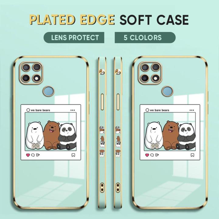 (Free Lanyard) Luxury 6D Plating Case for OPPO A12 Phone Cases Cute Cartoon Anime Bears Side Print Soft Silicone Square Back Cover