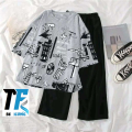 Cartoon Graphic Nightwear Set for Girls & Teens – Oversized Grey T-Shirt & Black Pajama Trouser – Cotton Jersey Lounge Wear – Gen-Z Style Sleepwear – Summer Chill 2-Piece Outfit – Sizes 7 to 14 Yrs & S to XL – Trendy Urban Streetwear Look. 