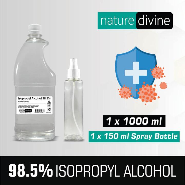 1000 ml (1 Litre) Nature Divine 98.5% Isopropyl Alcohol, IPA Rubbing Alcohol, Hand Rub, General Purpose Antiseptic Disinfectant and 150 ml Refillable Empty Mist Spray Bottle