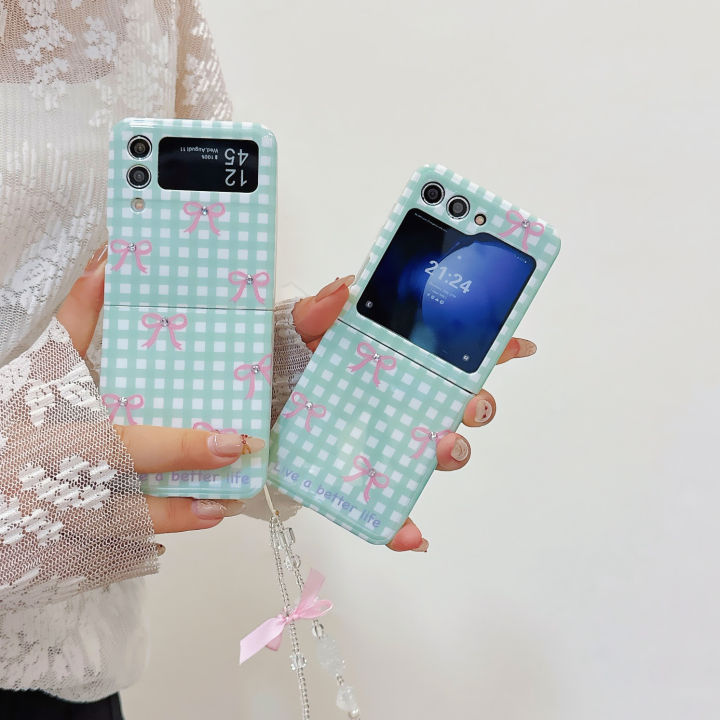 For Samsung Galaxy Z Flip 3 Z Flip 4 Z Flip 5 Mint Green Checkered Pink Bow Case Phone Strap Mobile Phone lanyard Phone Case