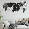 World Map Wall Clock with Whole World Maps, Planes, Human Art, Airplanes, Stars, Country & Ocean Names, World Map Wooden Wall Clock for Home and Offices, 3D Design Self Adhesive. 