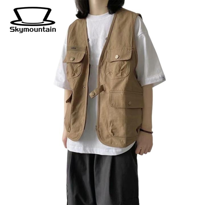Men Waistcoat with Multiple Pockets Men's Summer Sleeveless Multi-pocket Vest Coat with Zipper Button Closure Casual Streetwear Jacket for Outdoor Activities Unisex Sports Vest