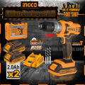 Ingco CIDLI201452 Cordless Lithium-Ion Impact Drill With 2 Pcs 20V Batteries 2.0AH and Fast Charger. 