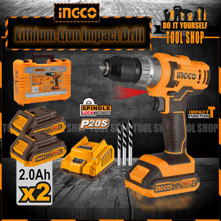 Ingco CIDLI201452 Cordless Lithium-Ion Impact Drill With 2 Pcs 20V Batteries 2.0AH and Fast Charger