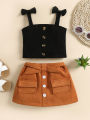 2PCS Toddler Girls Summer Clothes, Bow Strap Ribbed Knit Tank Tops + Belted Skirt Set. 