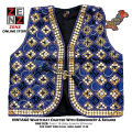Saraiki Multani Blue White Black Ajrak Waist Coat Koti for Girls & Women Embroidered Waistcoat by ZENZ Pakistani Traditional & Cultural Wear. 