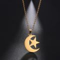 Gold Crescent Moon & Star Necklace for Women – Islamic Pendant Chain, Stainless Steel Jewelry for Girls. 