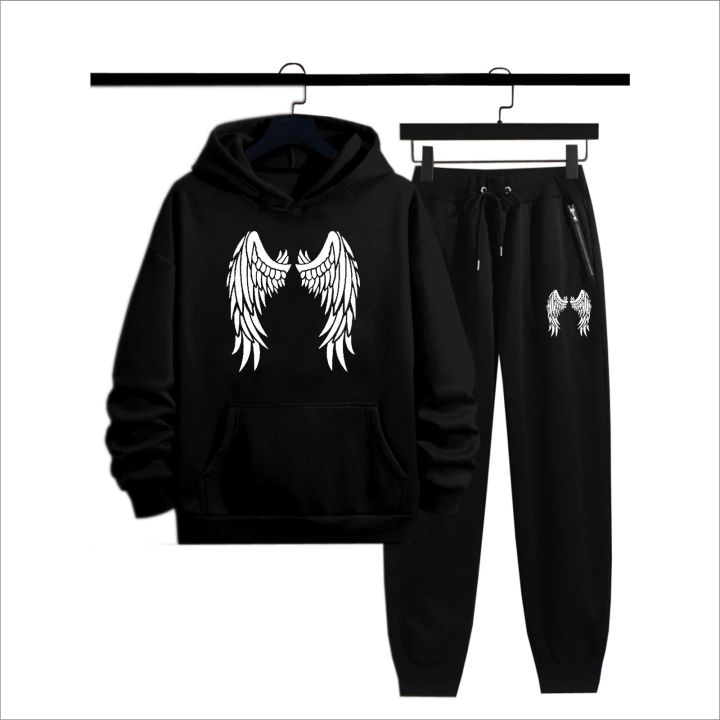 Black Wings Printed Tracksuit For Mens Boys Soft Comfortable Fleece Fabric Hoodies For Mens Kangaroo Hooded Sweatshirt Trouser For Mens