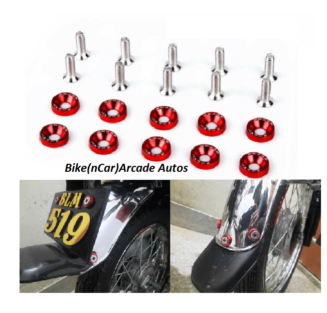 Motorcycle Fancy Bolts with Washer + Nuts10 Pcs Set / Universal Bike Chain Cover Bolts / Number Plate Bolts Set RED