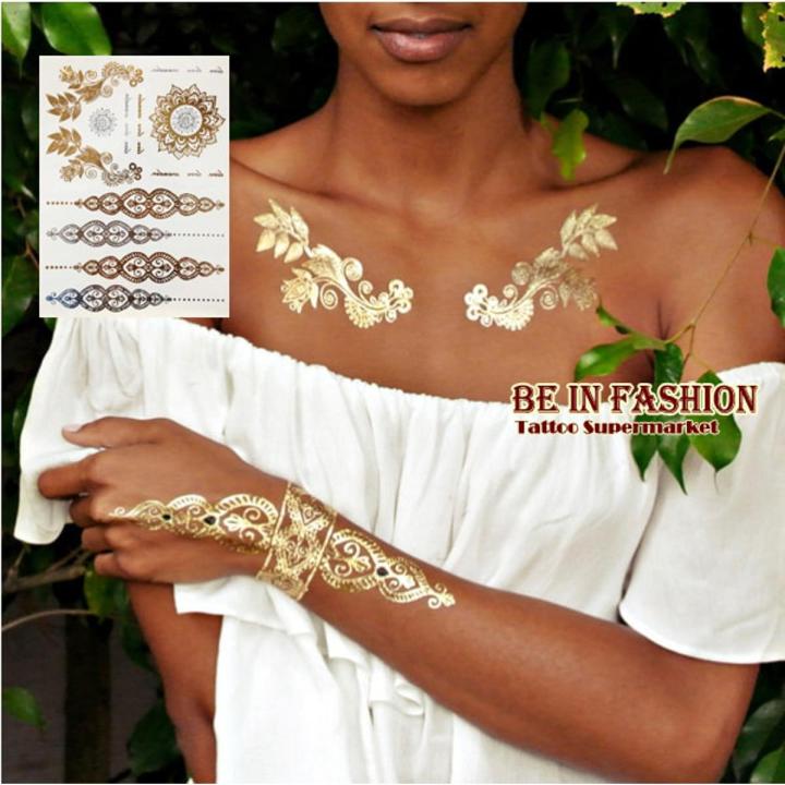 【The road to happiness Store】1sheet new Indian Arabic designs golden silver tribal tattoo paste metalicos metal sticker sheets on body hand