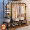 HT  Double Pole Clothing Rack Freestanding Coat Hanger, Clothes Hanging Rails With Lower Storage Shelf. 