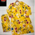 Trendy Poly Cotton Digital Printed Kurti and Trouser Set for Women and Girls 2 Piece, Stylish, Comfortable, Available in Small to X-Large. 