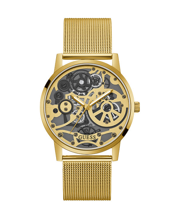 Guess Mens Gold Stainless Steel Case Gold Dial Gold Mesh Stainless Steel Bracelet Watch-GW0538G2