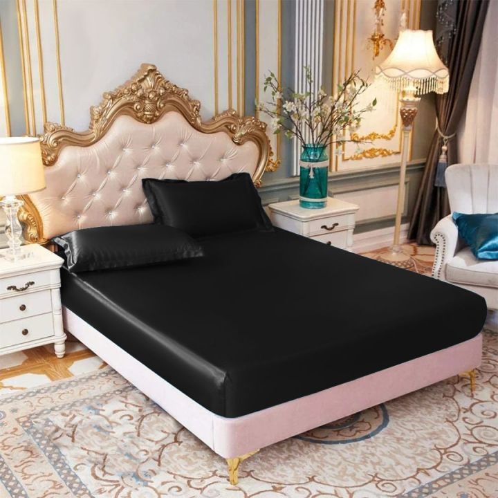 Silk Fitted Bedsheet Plain King Size, 3 Piece Printed Fancy Silk Fitted Bed Sheet King Size with 2 Silk Pillow Covers, Silk Bed Sheet King Size Fancy has Soft and Elegant Feel