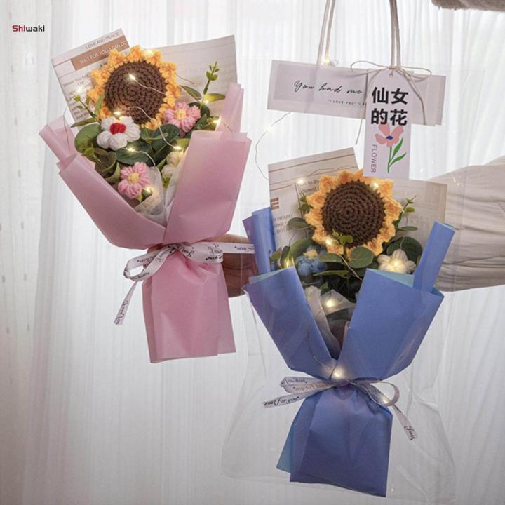 Handmade Knitted Bouquet Crochet Bouquet Eternal Blessing for Home Wedding Decoration with Light Elegant Exquisite Floral Artificial Flowers