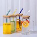 400ML Creative Square Straw Mug Modern Fashion Juice Cup,Single Colored Handle Layer Drinking Glass Cups, Straw & Wooden Lid  For Soda Iced Coffee Milk Bubble Tea Water - Random Color. 