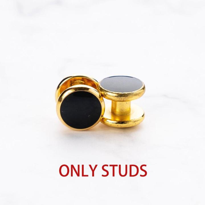 【happy one】Luxury Gold Tuxedo Cufflinks and Studs Set Black Enamel Design Button For Mens Suit French Shirt Business Gift