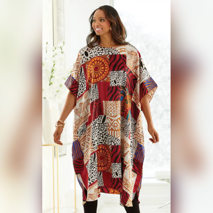 Printed Scoop Neck Short Satin Silk 41" Caftan, Women Night Dress
