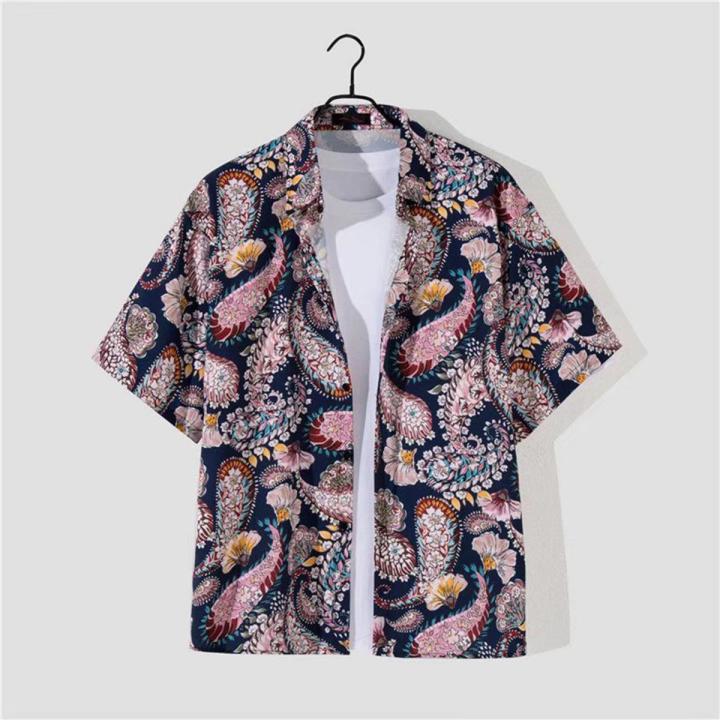 Men Women Shirt Hawaiian Style Floral Printing Lapel Short-sleeved Cardigan Top Retro Summer Beach Loose Couple T-shirt