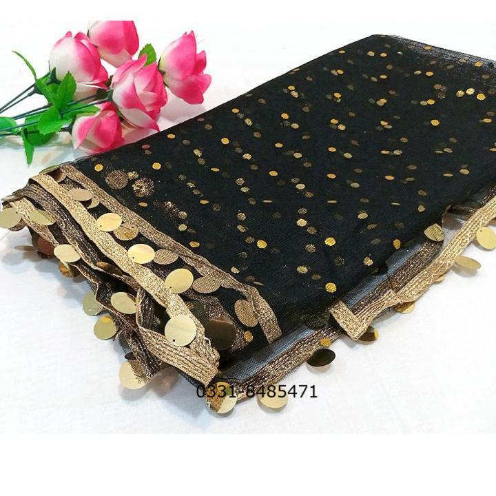 Black Coin Net dupatta with 2 side sikka lace For Women Dyeable With Golden Lining And Border -  Net Dupatta for Girls / Ladies & Women - Chunri - Net Dupatta in Black,  Red , White and More Different Colour - Stole - Scarf