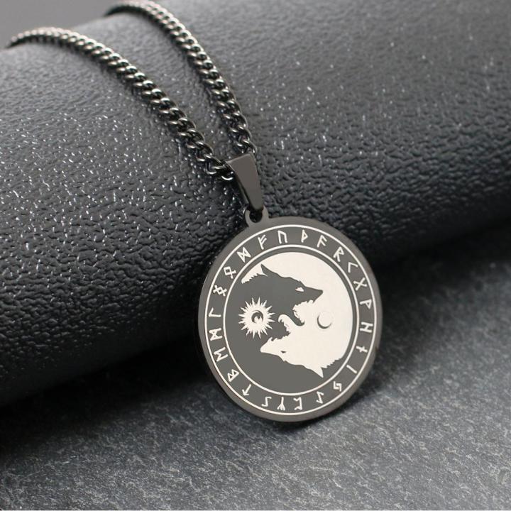 【IKE】Stainless Steel Viking Necklace Odin Wolf Head Sun Moon Rune Pendant Necklace Titanium Steel Vintage Viking Logo Necklace