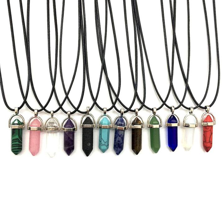 Hexagonal Column Pendulo Necklace Crystal Quartz Bullet Pendulum Chakra Natural Stone Fashion Jewelry Leather Chains Necklace