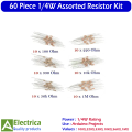 Pack of 60 Resistors 1/4W – Assorted 100Ω, 220Ω, 330Ω, 10KΩ, 56KΩ, 1MΩ (10 pcs each) Through-Hole Carbon Film Resistor Kit for Arduino, DIY Electronics & Repair by Electrica. 