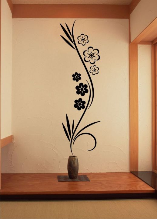 Jade Gallery -  24 X 8 Inches- Flowers floral vase style Wall Decal Sticker Vinyl Decor Decoration Stickers For living room bedroom kitchen , home,  office-  Black color