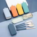 【FUN LIVE】 4Pcs Wheat Straw Dinnerware Set Portable Tableware Knife Fork Spoon Chopsticks Set Travel Cutlery Set Eco-Friendly Utensil Box. 