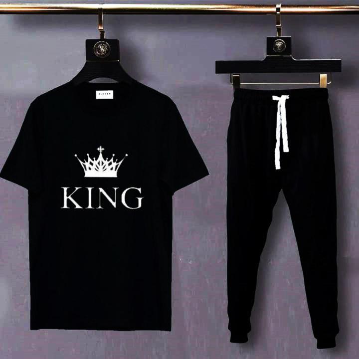 The King Printed Street Wear Cotton Half Sleeves Crew Neck T Shirt And Trouser With Pockets For Men