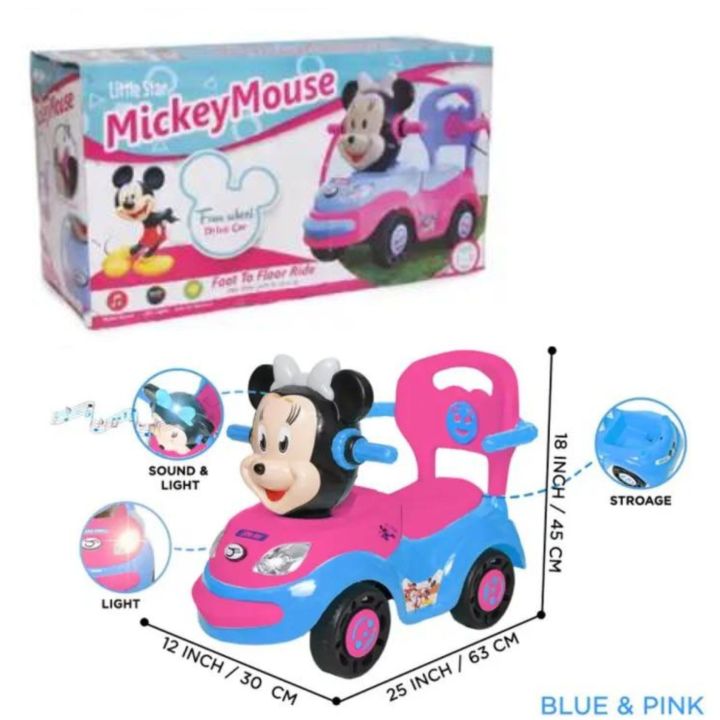 Micky Mouse Toy Push Car Mickey Mouse 4 Wheel Push Car For Toddlers Music Minnie Flashing Light & Mouse Cartoon Character Ride On Car 4 Wheels  For 1 to 5 Years Child