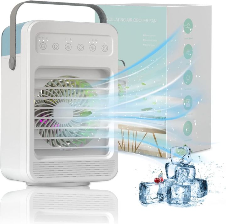Portable Air Conditioners Cooler, 4IN1 Portable AC mini Fan, 120°Oscillating Evaporative Personal Air Cooler with 4 Speeds, LED Light,2 Humidify,2/4/6H Timer,Low Noise,Desktop Office, Home, Bedroom UK IMPORT