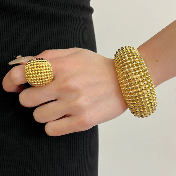 Vintage Heavy Metal Hollow Round Ball Beaded Open Bracelet Bangle for Women Girls Exquisite Trendy Party Jewelry Gifts