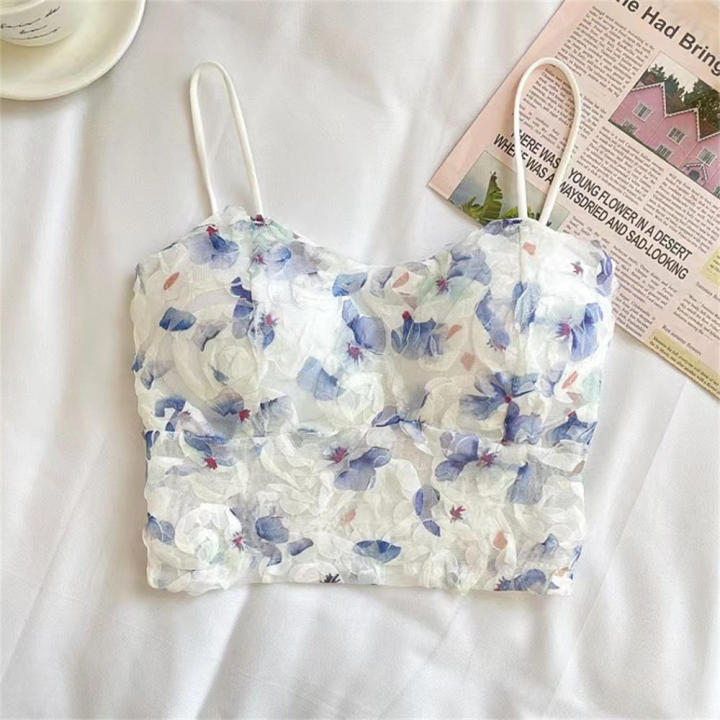 Sweet Corset Vest Breathable Floral Lace Crop Top Mesh Tube Top for Casual Evening Out Summer Wear  Apparel Young Adults