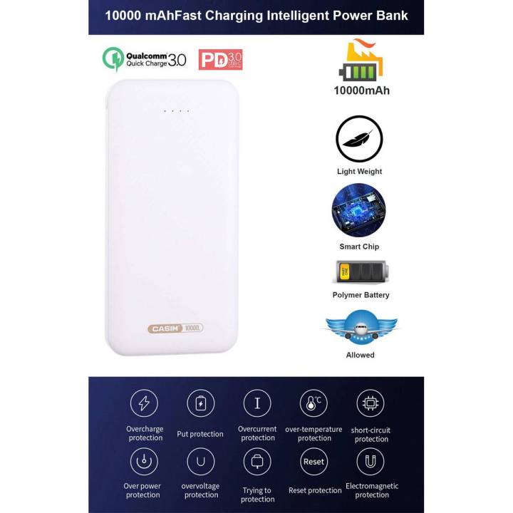 Casim ZT-P06 Qualcomm QC 3.0 PD 3.0 Fast Charging Power Bank, 10000 mAh - White