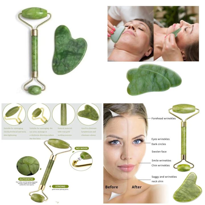 Jade roller and Gua Sha Stone Anti Aging Natural Stone Jade Roller for Face Facial Beauty Massager Skin Face Roller Beauty Tools for Skin Care Routine Anti Wrinkle Roller for Neck and Eye