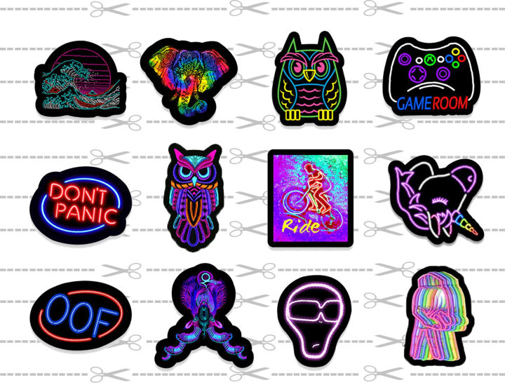 UNCUT 12 Pcs/Sheet Mixed Random Funny NEON Lightening Waterproof decal Stickers for Laptop Mobile Car Bike Fridge Skateboard TV PC Guitar