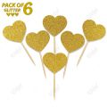 Pack of 6 Heart shape Cupcake Toppers For Wedding Anniversary & Engagement Party Celebration in Gold. 
