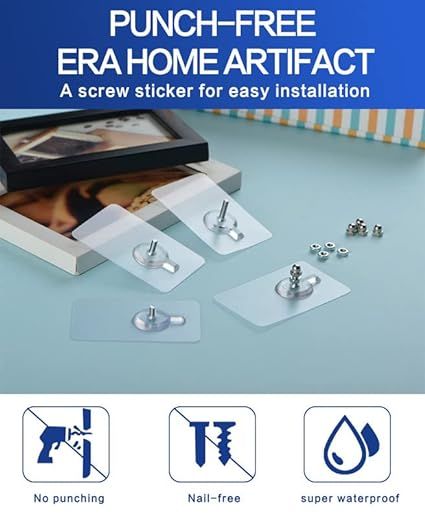 5 Pcs Adhesive Hooks, Detachable Self Adhesive Wall Screw Hooks, Punch-Free Wall-Mounted Screw Hook, Seamless Transparent No Nails Drill Waterproof Hooks for Bathroom, Kitchen, Home-Transparent