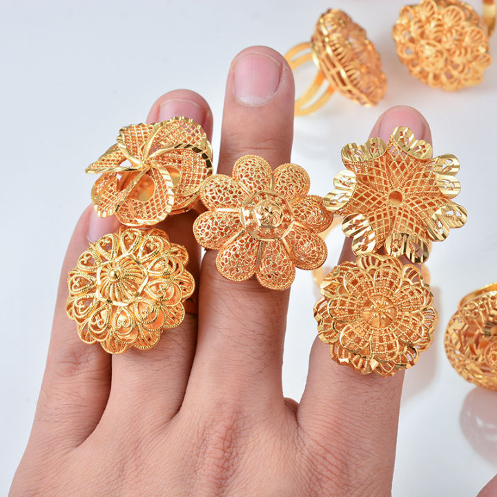 Designer Flower Dubai Gold Color Ring Arab Nigeria Big Ring For Women Resizable Ethiopian Gold Rings Wedding Finger Jewelry