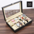 12 Slot Leather Watch Box Display Case Organizer with Framed Glass Lid Elegant Contrast and Removable Pillow for Men and Women Watch and Jewelry Large Holder Boxes. 