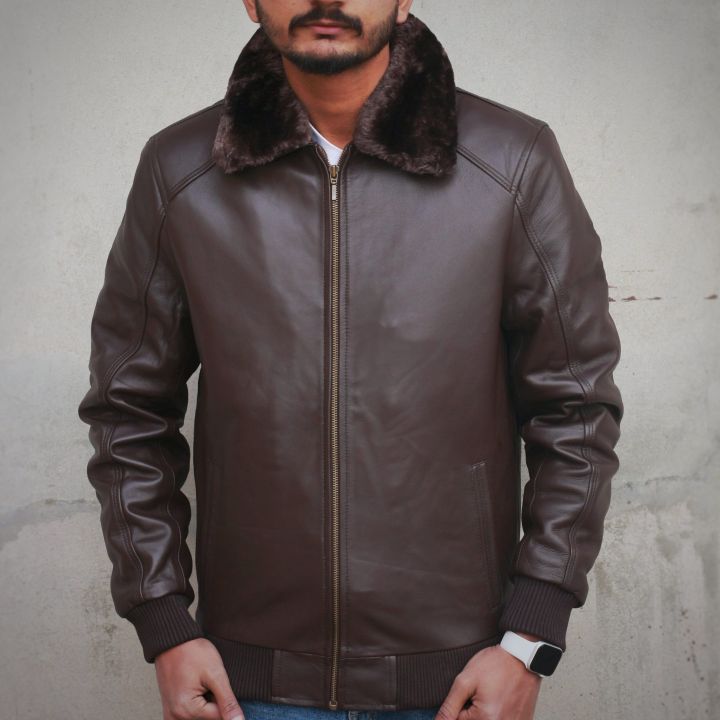 Men’s Leather Jacket with Detachable Fur Collar – Genuine Sheep Leather ...