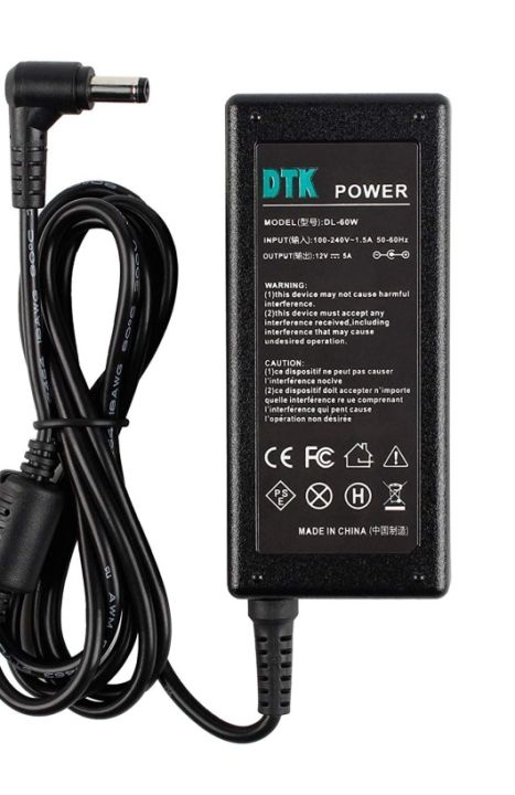 DTK 12V 5A 60W AC Adapter Power Supply for LCD TFT Monitors, TVs, DVD Players, Laptops, and Other Devices – 5.5mm x 2.5mm Connector
