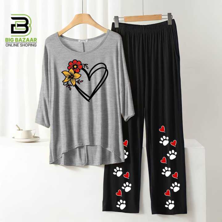 "Stay%20Chic%20and%20Comfortable:%20Summer%20Style%20Printed%20Lounge%20Wear%20with%20Stylish%20Back%20Long%20T-shirt%20and%20Black%20Flapper%20Trouser%20in%20Soft%20Jersey%20Fabric!"%20-%20Image%207